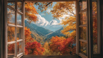 A 4K photo of picturesque autumn landscape viewed through an open window, showcasing vibrant foliage. © ShahinAlam