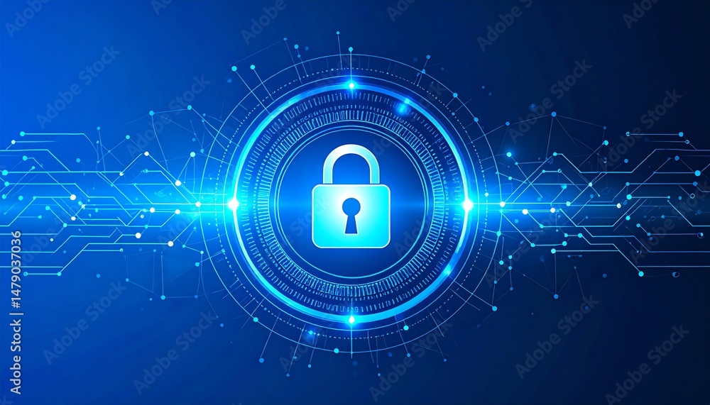 Poster a digital lock symbol on a blue background, surrounded by circuit patterns, representing cybersecuri