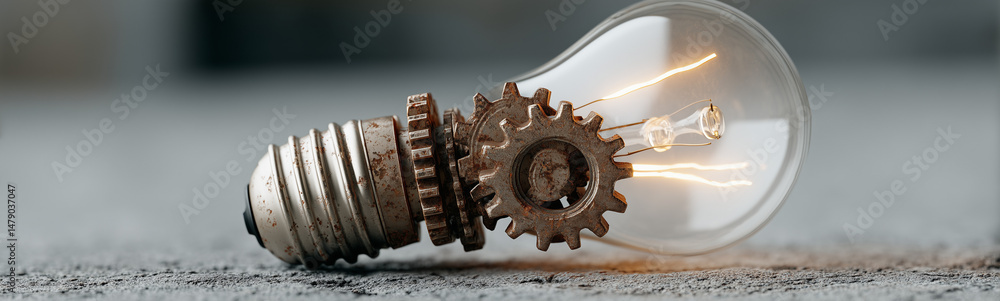 Poster illuminating innovation: a symbolic representation of a light bulb with gears, set against a blurred