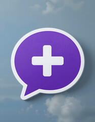 Fototapeta premium Medical Chat Icon with Plus Sign – Purple Healthcare Communication Symbol on Cloudy Sky Background.