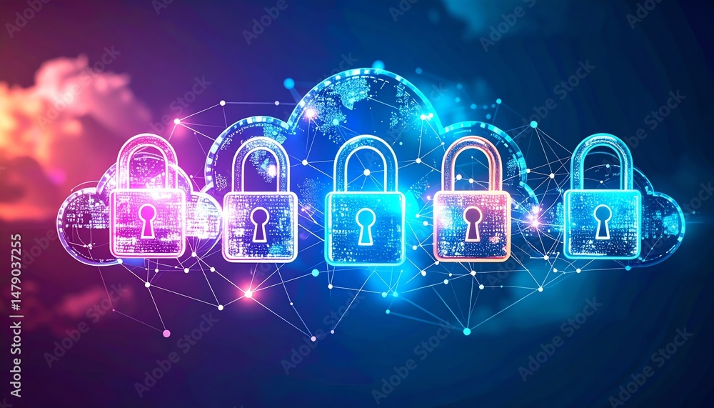 Poster digital cloud security concept featuring multiple padlocks, symbolizing data protection and cybersec