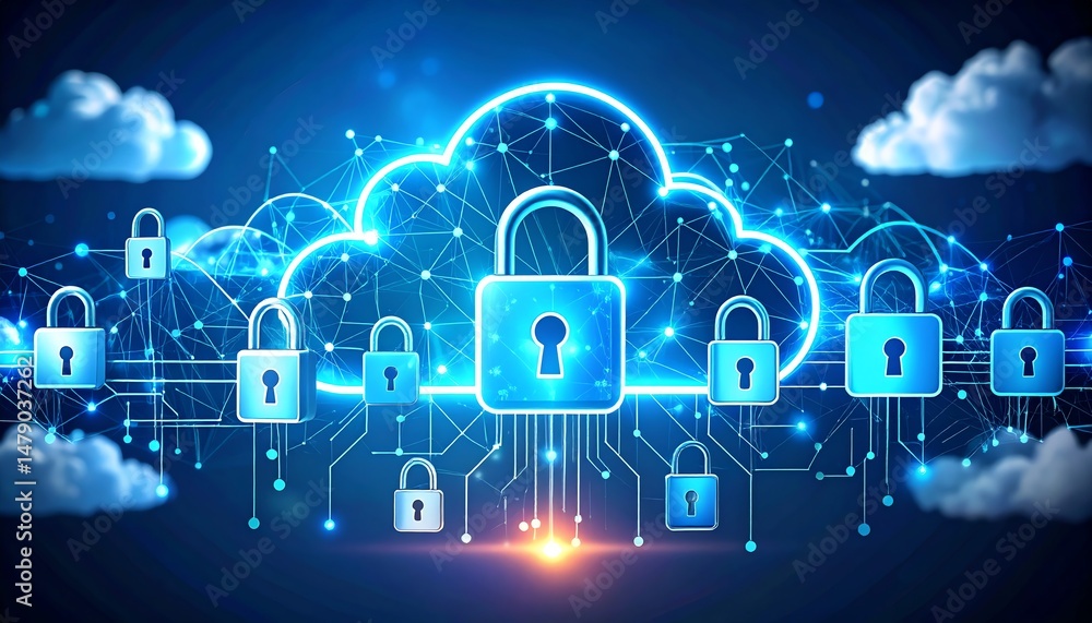 Poster a digital illustration depicting a cloud with multiple locks, symbolizing data security and privacy 