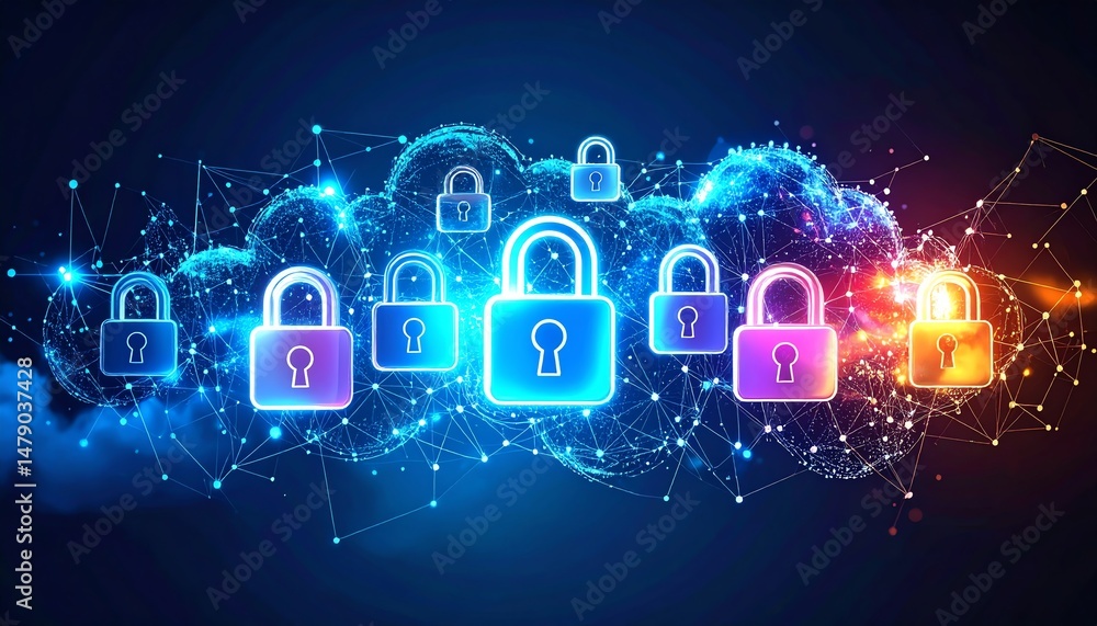 Poster digital locks connected through a network of glowing nodes, symbolizing cybersecurity and data prote