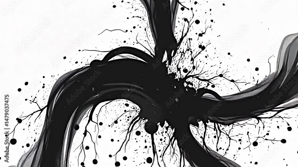 Fototapete dynamic abstract composition of flowing black ink-like patterns against stark white background. cent