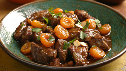 A bowl of meat and orange slices