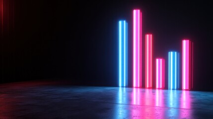 Neon graphic bars in vibrant pink and blue light, reflecting on a dark concrete floor