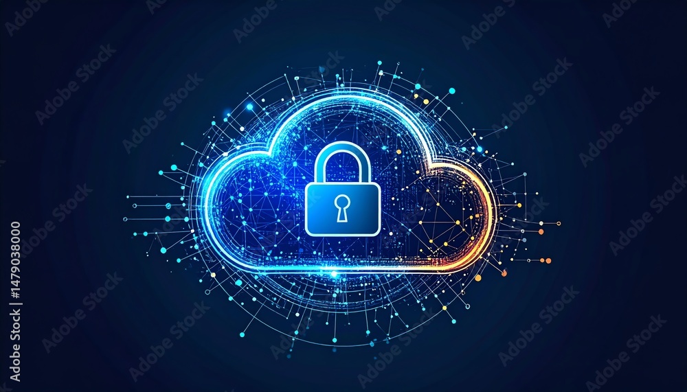 Poster a digital cloud with a padlock, symbolizing secure data storage and cybersecurity in a technology-dr