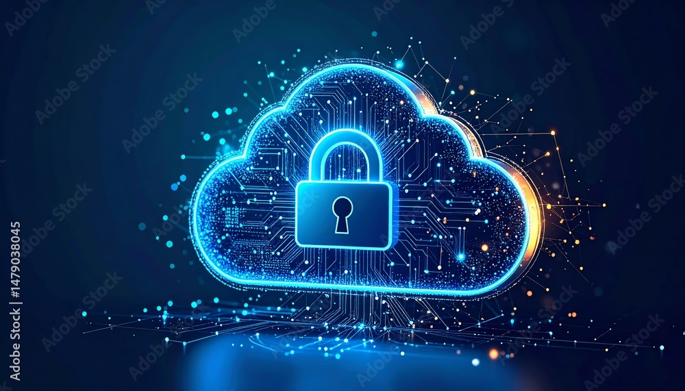 Poster a glowing cloud with a padlock symbolizes digital security and data protection in a tech-focused des
