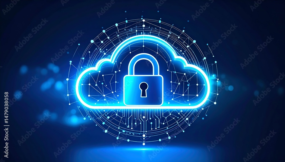 Poster a digital cloud with a padlock symbolizes secure cloud storage and data protection in a tech-savvy e
