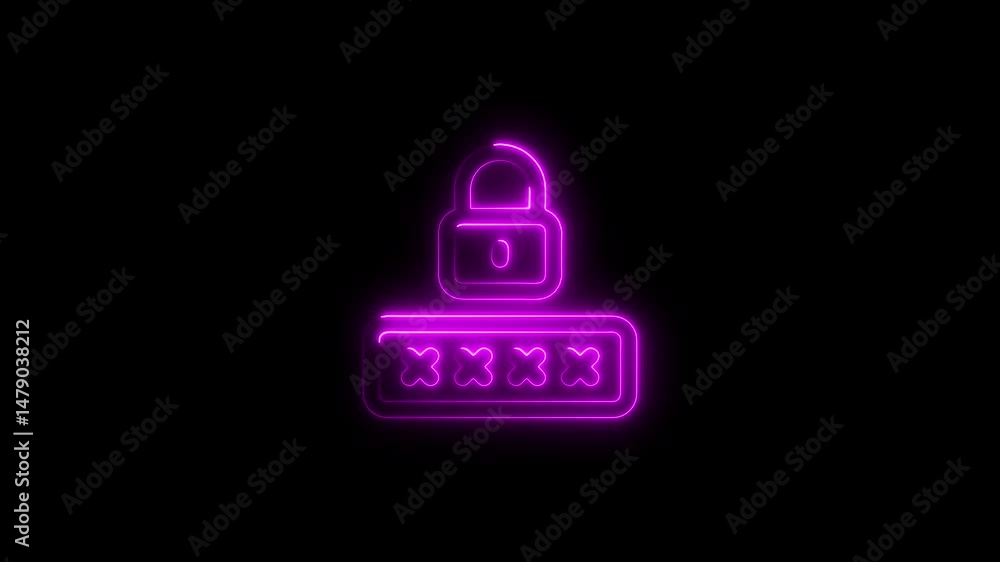 Poster glowing neon padlock and password field on a black background illustrating security concepts