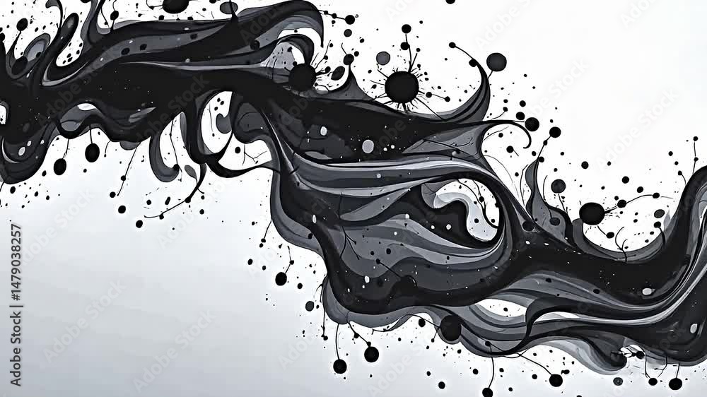 Fototapete dynamic abstract composition of flowing black ink splashes against light gray background. ink forms 