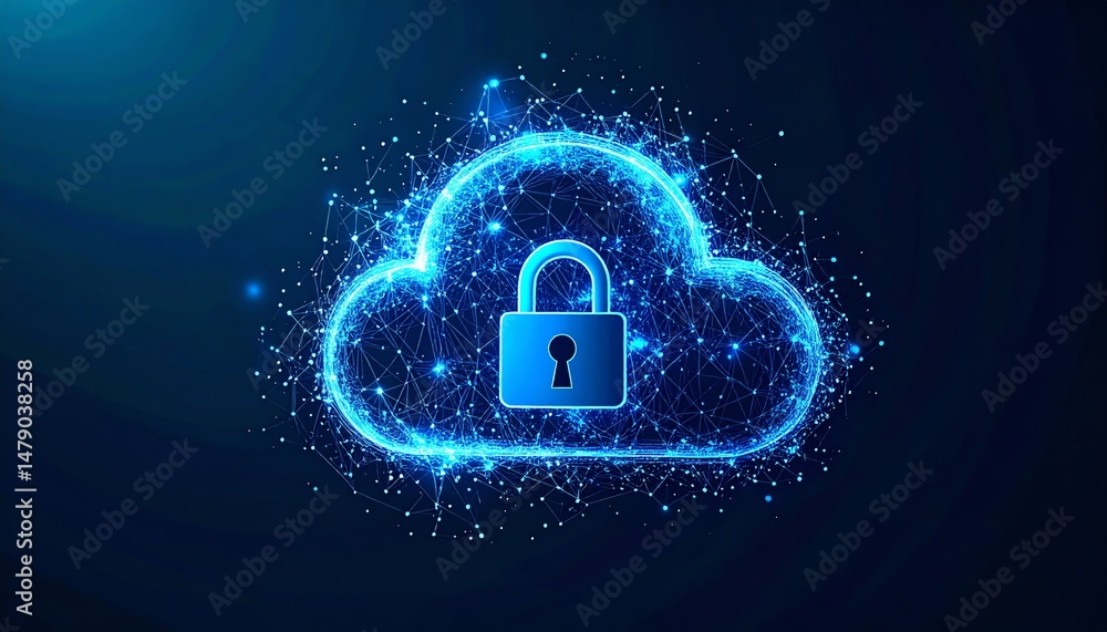 Poster a digital cloud with a padlock symbol, representing cybersecurity and data protection in a technolog
