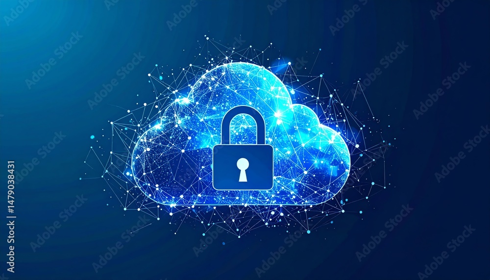Poster a digital cloud with a lock symbol, representing secure online storage and data protection through t