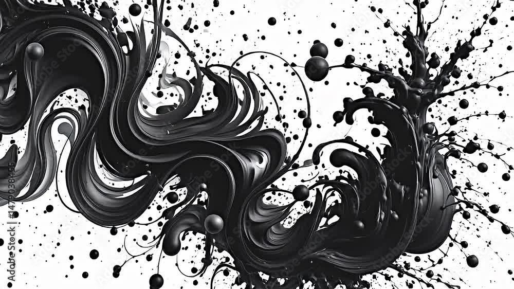 Poster dynamic abstract composition of flowing black shapes against stark white background. black forms app
