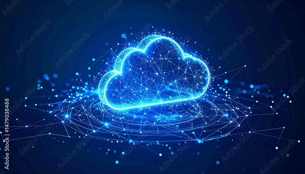 Poster a glowing digital cloud symbol surrounded by interconnected lines and dots, representing cloud compu