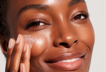 Close-up of a person applying facial cream.