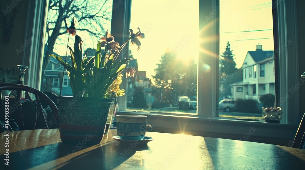 Poster sunlight streams through a window into a cozy home.