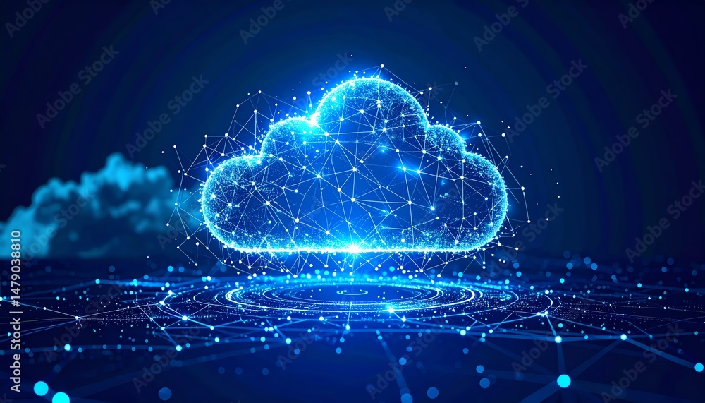 Poster a glowing digital cloud symbol surrounded by interconnected lines and nodes, representing cloud comp