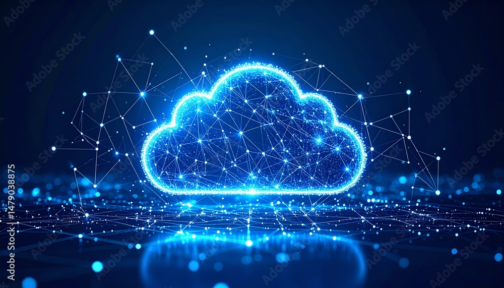 Poster a glowing digital cloud composed of interconnected lines and dots, symbolizing data storage and conn
