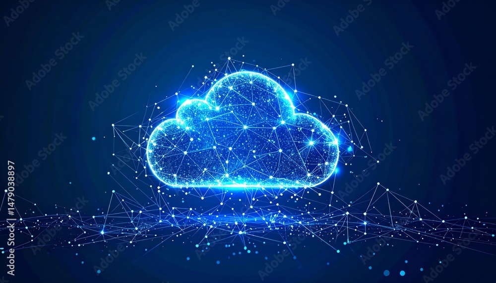 Poster a glowing, digital cloud symbol made of interconnected lines and points, representing cloud technolo