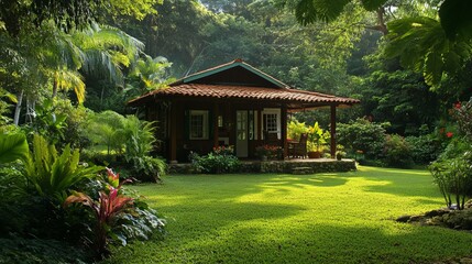 Tranquil Tropical Bungalow Lush Green Garden Peaceful Retreat Wooden Cottage Sunny Morning Relaxing Vacation Home Tropical Paradise Island Escape     