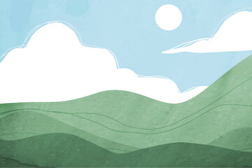 Watercolor minimalist style green hills with paper texture