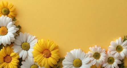 Obraz premium Colorful daisy blossoms arranged on a mustard yellow backdrop.