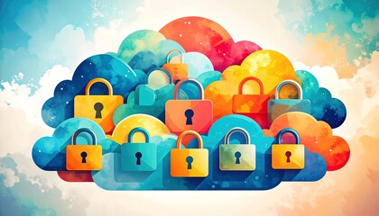 Colorful clouds with locks symbolize cloud security and data protection in a vibrant digital landscape