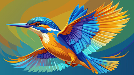 The Common Kingfisher (Alcedo atthis) soars through the air with vibrant wings outstretched, its feathers shimmering in brilliant shades of blue and orange. Captured mid-flight, it brings motion and e