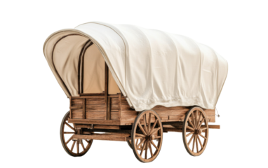 Wooden wagon with a white cover is sitting on a white background