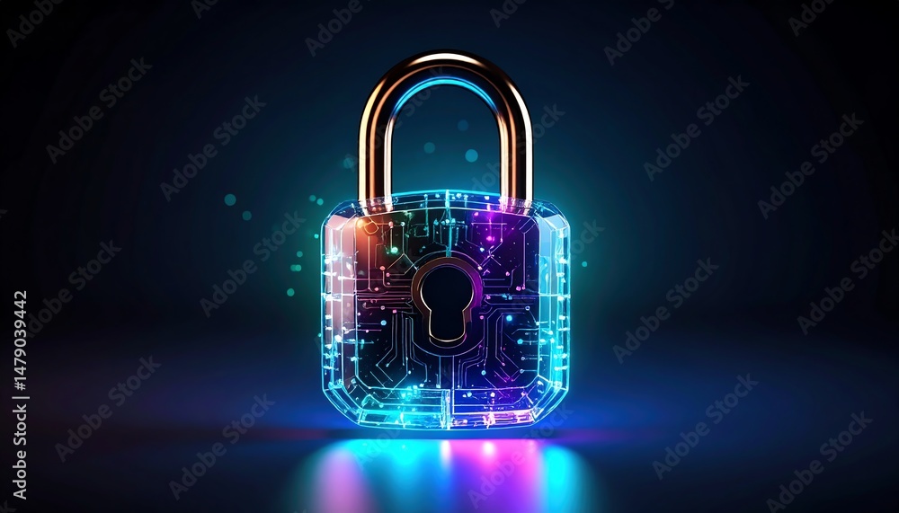 Poster a glowing digital padlock with intricate circuitry, symbolizing cybersecurity and data protection in