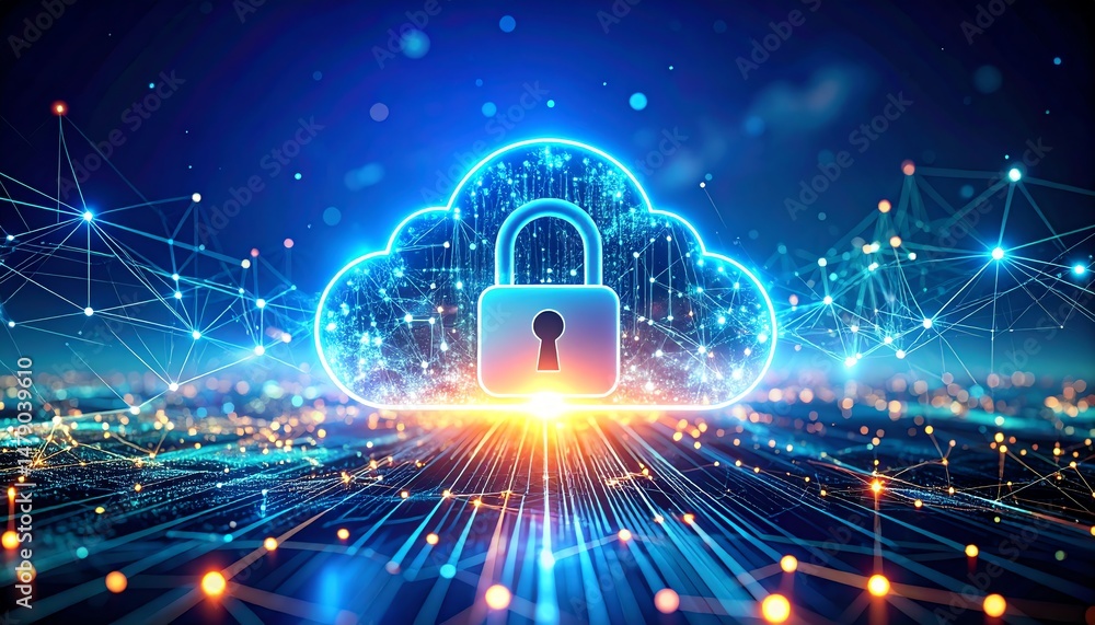 Poster a digital cloud with a padlock symbolizes cybersecurity and data protection, surrounded by glowing c