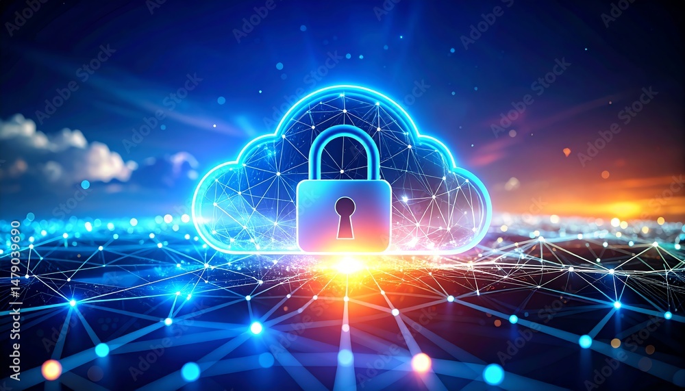 Poster a glowing cloud with a padlock symbolizes digital security and cloud computing, representing data pr