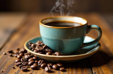 Ceramic blue cup with hot coffee and scattered coffee grains on dark brown wooden surface, blurred background. Copy space for text.