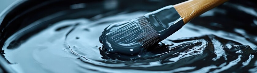 A paintbrush dipped in glossy black paint, resting on the surface of a paint can.