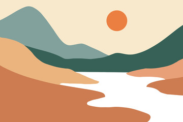 Minimalist style flat design colorful hills with road