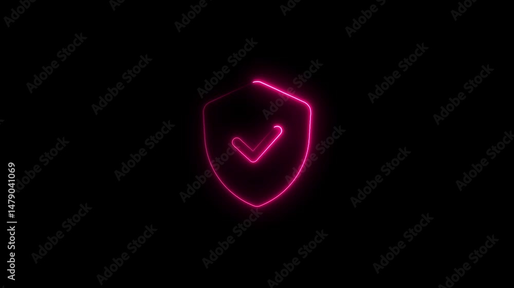 Poster glowing neon security shield icon with check mark confirmation on a black background