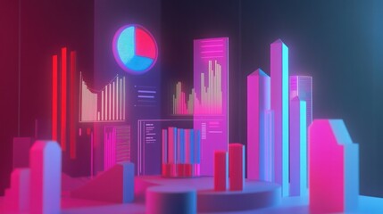 Obraz premium Abstract neon cityscape with data visualizations