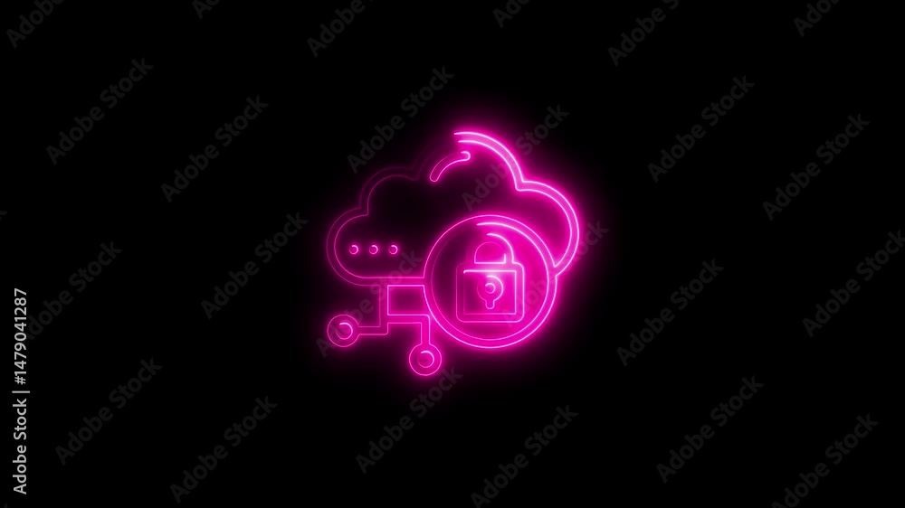 Poster glowing cloud computing security icon with neon outline on black background