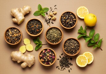 Assortment of loose leaf teas and ingredients