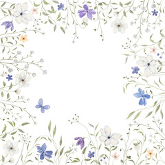 Floral frame of delicate colorful flowers, flying blue butterfly and green plants. Isolated watercolor print for your design with hand-drawn floral elements. Background for text, greeting cards.