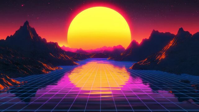 Retro Dreamscape, A Neon Synthwave Sunset Over Water Animation - Powered by Adobe