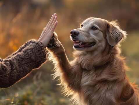 Verspielt: Das High Five zwischen Hund und Besitzer