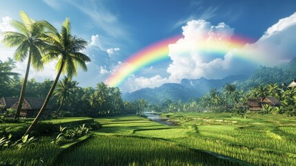Obraz premium A rainbow stretches across the sky above the expanse of green rice fields and coconut trees.