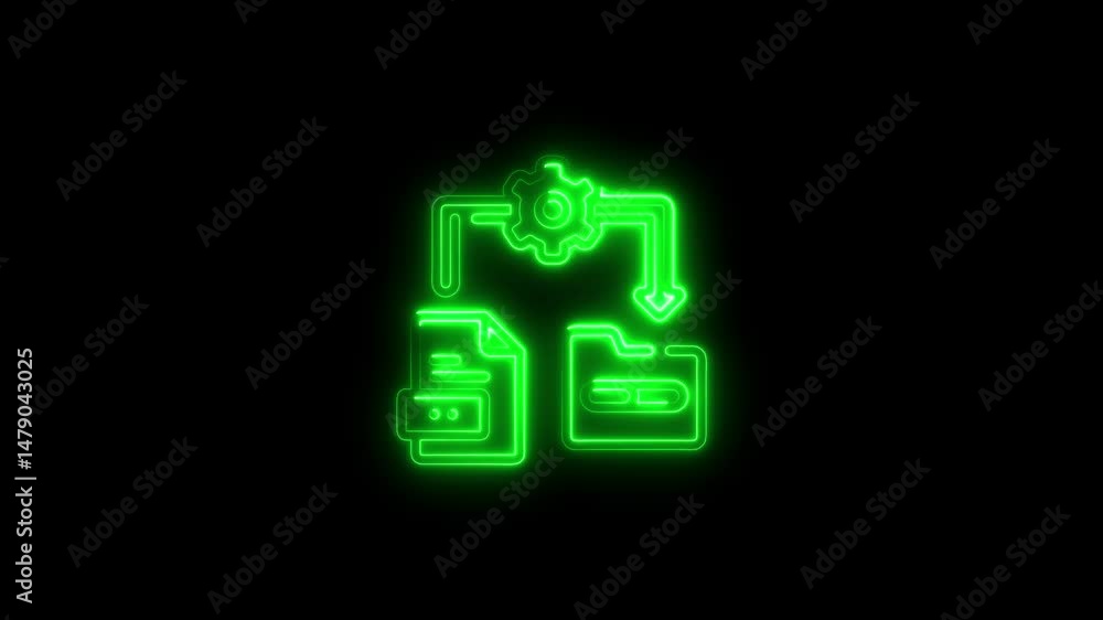 Poster animated neon green process workflow transformation icon on black background.