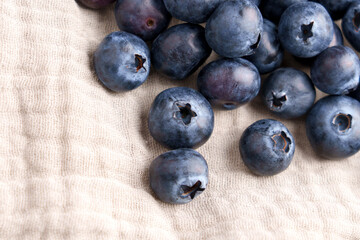 Blueberries on a crumpled soft cloth napkin close-up. Fresh organic berries. 