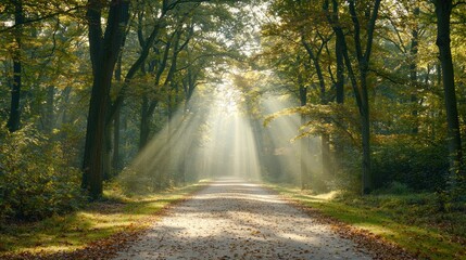 Obraz premium Sunlight streams through autumnal forest pathway.