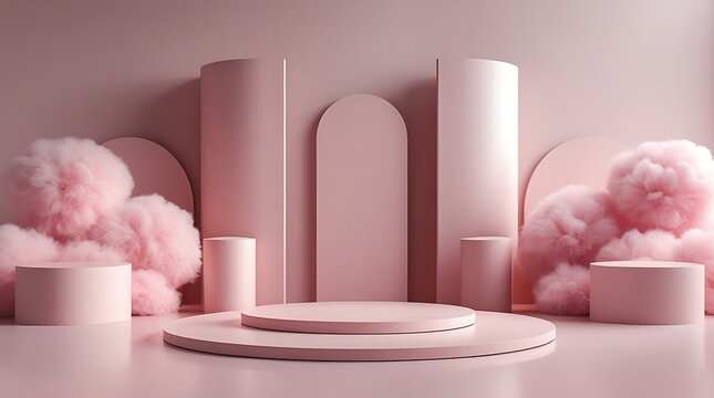 Stylized pink podium with circular shapes and fluffy decorative clouds in a pastel-themed studio scene, ideal for cosmetics display, branding, feminine design, or dreamy advertising

