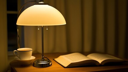 A warm, inviting scene of a table lamp, book, and tea cup in a dimly lit room