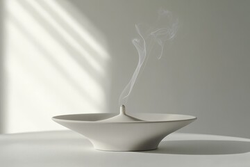 Modern incense holder with ash catcher, burning cone creating subtle smoke trails, zen meditation aesthetic with dynamic smoke effect.